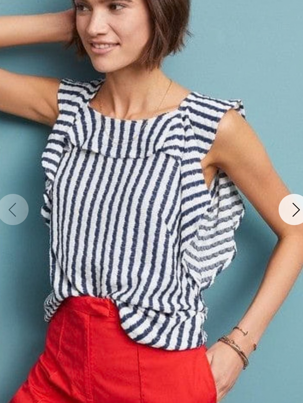 Anthropologie Eva Franco Navy & White Striped Ruffle-Sleeve Tank